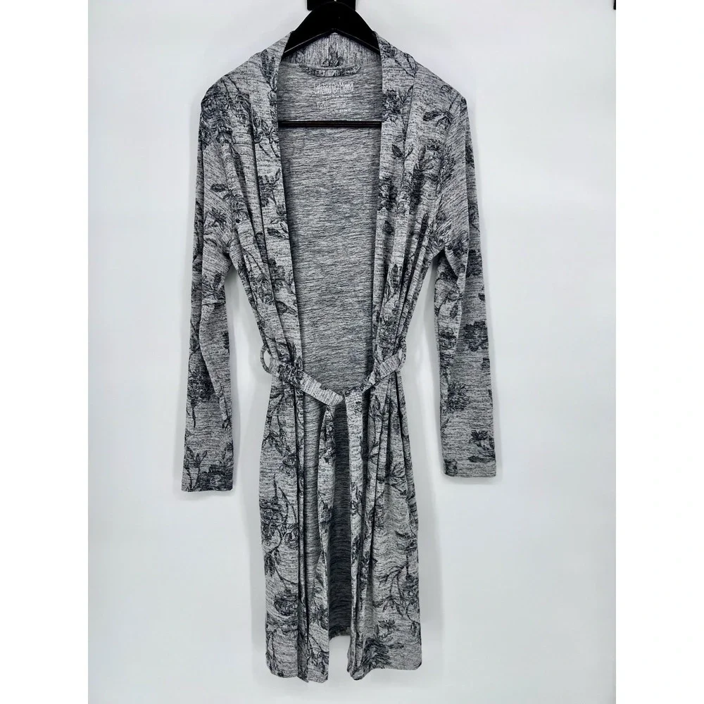 Latched Mama Maternity Robe Gray Floral Print Pockets Nursing Stretchy Size XS/S